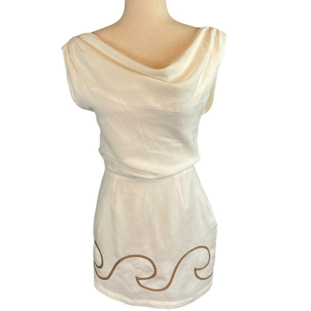 Mon Renn Fresco Embroidered Linen Blend Sleeveless Mini Dress White Tan XS - Picture 3 of 7